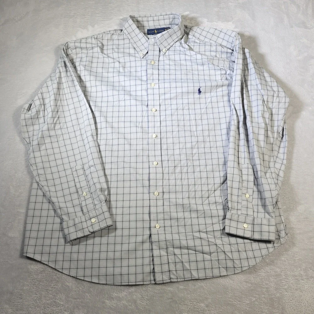 Polo Ralph Lauren Shirt Mens 3XB Gray Blue Plaid Performance Long Sleeve Stretch